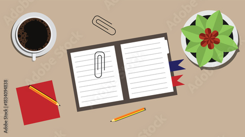 Top View Notebook on the Table with Coffee and Pencils. Planning the day and office work vector art