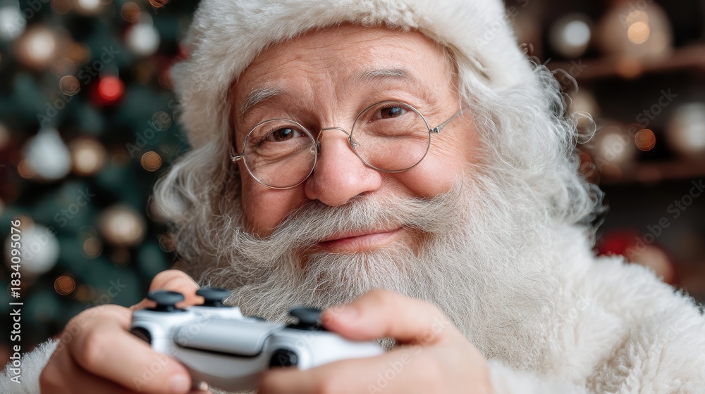 Obraz premium Elderly man joyfully plays games, Happy older gentleman engaged in seasonal gaming festivities, Elderly Caucasian man immersed in cheerful holiday video game entertainment