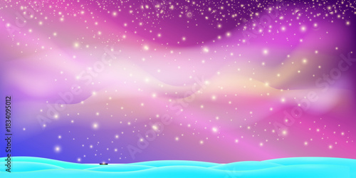 Realistic cartoon Christmas snow hills with falling snowflakes and northern lights background. Winter wide landscape design element with blue snow. Minimal north pole composition with snowy fields