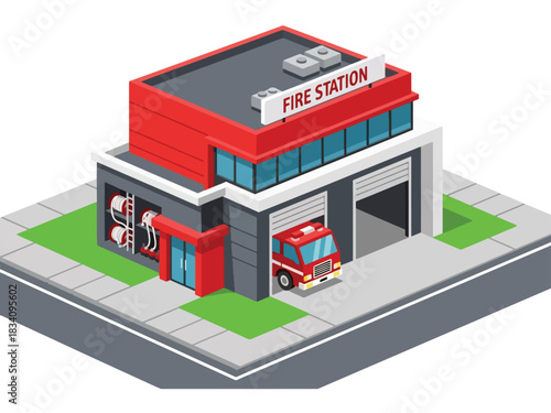 3D Isometric fire station with garage door, firetruck, and sidewalk, suitable for public service illustrations, emergency response themes, and city infrastructure projects