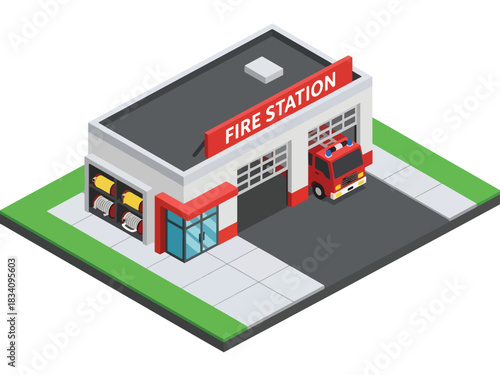 3D Isometric fire station with garage door, firetruck, and sidewalk, suitable for public service illustrations, emergency response themes, and city infrastructure projects
