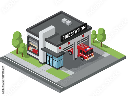 3D Isometric fire station with garage door, firetruck, and sidewalk, suitable for public service illustrations, emergency response themes, and city infrastructure projects