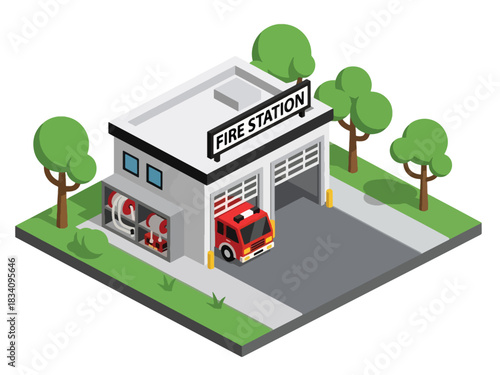 3D Isometric fire station with garage door, firetruck, and sidewalk, suitable for public service illustrations, emergency response themes, and city infrastructure projects