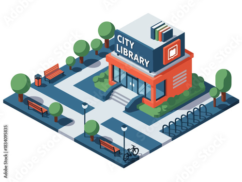 3D Isometric library with books signage, benches, and trees, ideal for education, community facility mapping, and smart city design resources