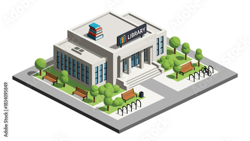 3D Isometric library with books signage, benches, and trees, ideal for education, community facility mapping, and smart city design resources