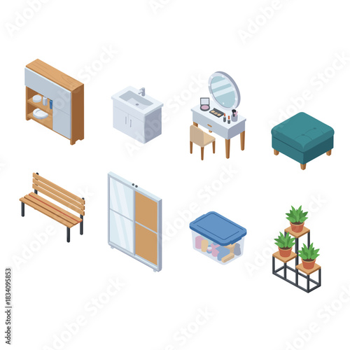 Household items and furniture isometric illustrations set