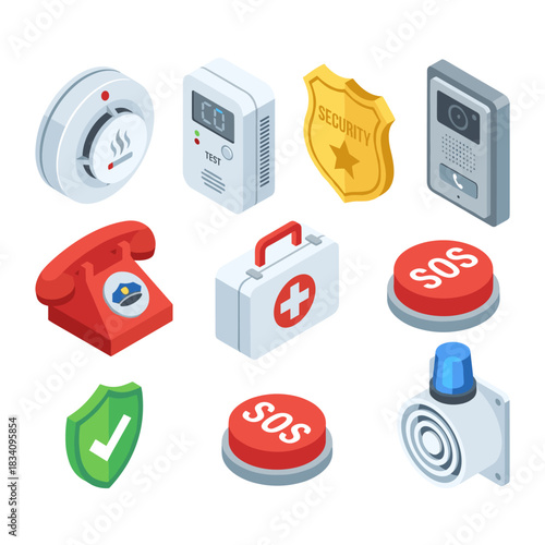 Security and emergency isometric icons set