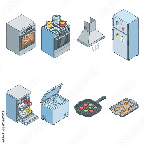 Kitchen appliances and cookware isometric illustrations set