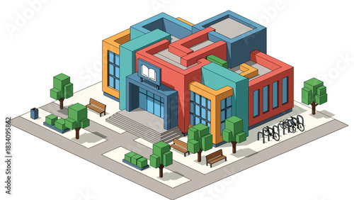3D Isometric library with books signage, benches, and trees, ideal for education, community facility mapping, and smart city design resources