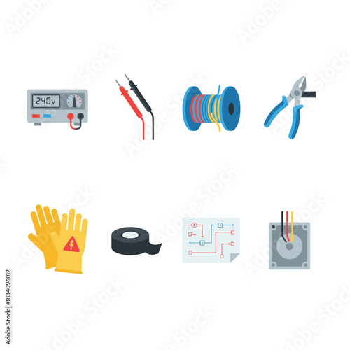 Electrical work and tools vector icons set