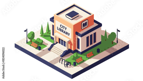 3D Isometric library with books signage, benches, and trees, ideal for education, community facility mapping, and smart city design resources