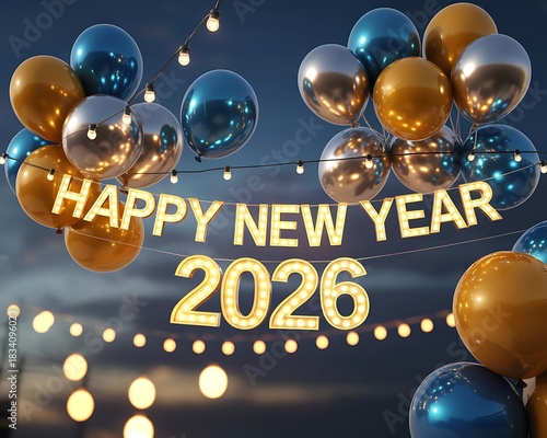 Happy new year 2026 celebration with blue and gold balloon