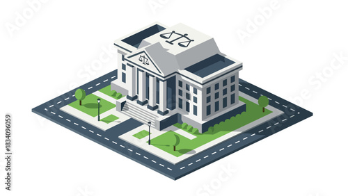 3D Modern isometric courthouse with justice symbol, stairs, and landscaping, ideal for legal, documentary, political, and city infrastructure illustrations
