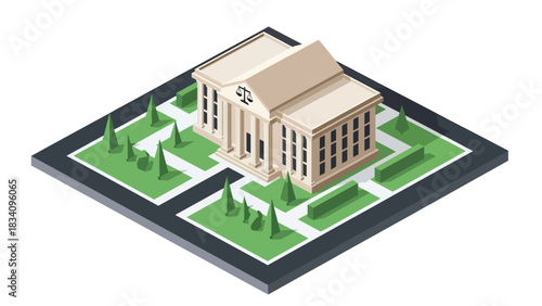 3D Modern isometric courthouse with justice symbol, stairs, and landscaping, ideal for legal, documentary, political, and city infrastructure illustrations