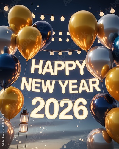 Happy new year 2026 celebration with gold and silver balloon