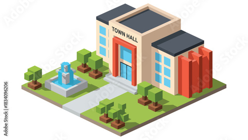 3D View Isometric city hall with fountain, walkway, and trees, ideal for government-themed illustrations, public administration visuals, and smart city mapping