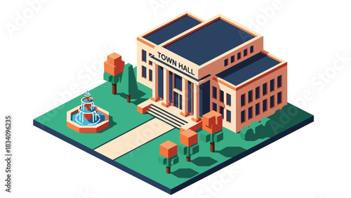 3D View Isometric city hall with fountain, walkway, and trees, ideal for government-themed illustrations, public administration visuals, and smart city mapping