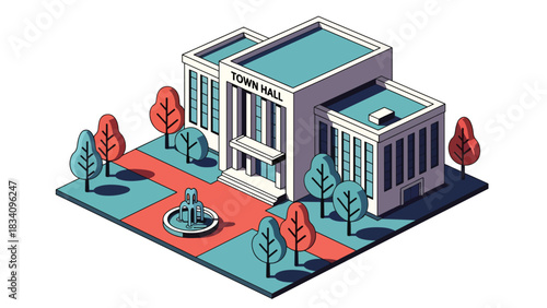 3D View Isometric city hall with fountain, walkway, and trees, ideal for government-themed illustrations, public administration visuals, and smart city mapping