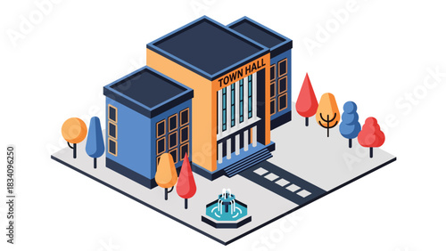 3D View Isometric city hall with fountain, walkway, and trees, ideal for government-themed illustrations, public administration visuals, and smart city mapping