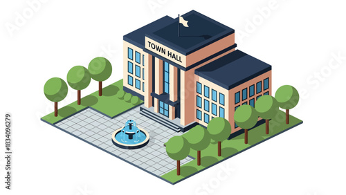 3D View Isometric city hall with fountain, walkway, and trees, ideal for government-themed illustrations, public administration visuals, and smart city mapping