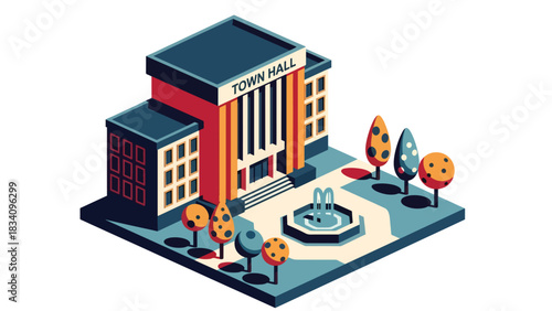 3D View Isometric city hall with fountain, walkway, and trees, ideal for government-themed illustrations, public administration visuals, and smart city mapping