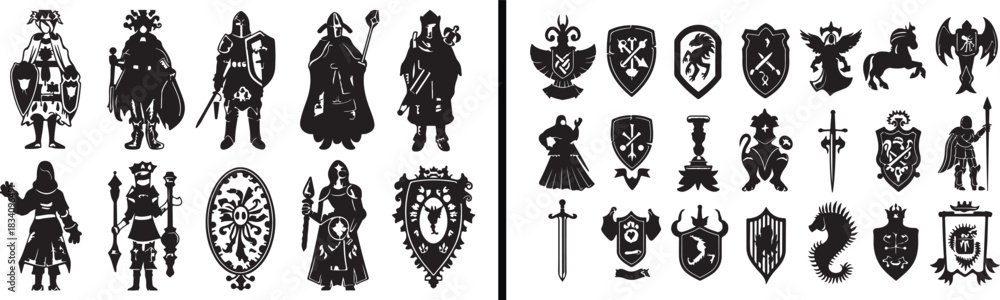 Fototapeta premium Medieval knight vector, warrior silhouette art, ancient armor design, heroic knight illustration, battle warrior artwork, middle age fighter drawing, medieval history decor, sword and shield vector, c