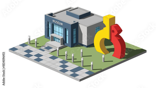 3D View Flat isometric museum with banners and sculpture outside, suitable for cultural, educational maps, and travel-themed design collections