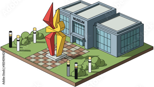 3D View Flat isometric museum with banners and sculpture outside, suitable for cultural, educational maps, and travel-themed design collections