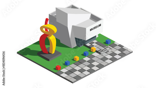 3D View Flat isometric museum with banners and sculpture outside, suitable for cultural, educational maps, and travel-themed design collections