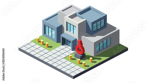 3D View Flat isometric museum with banners and sculpture outside, suitable for cultural, educational maps, and travel-themed design collections