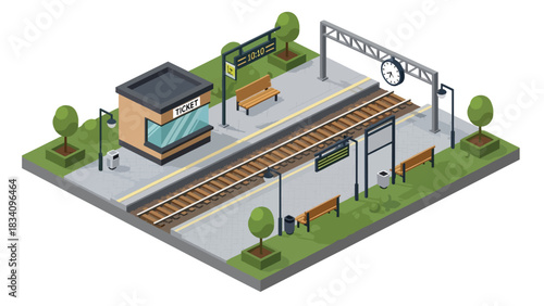 3D View Isometric train station with rail tracks, signage, platform, and entrance walkway, ideal for transportation, travel maps, and urban navigation designs