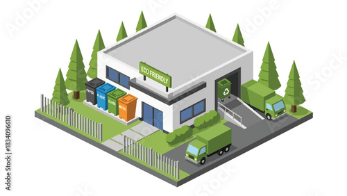 3D View Isometric recycling facility with bin sorting areas, truck, signage, and fenced border, ideal for sustainability, environmental planning, and eco city concepts