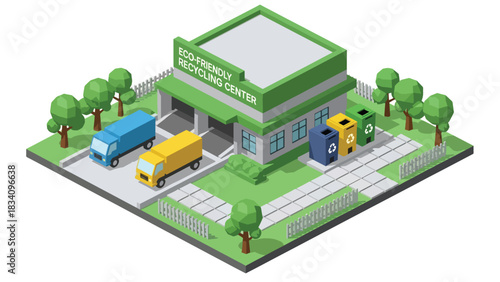 3D View Isometric recycling facility with bin sorting areas, truck, signage, and fenced border, ideal for sustainability, environmental planning, and eco city concepts