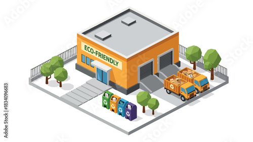 3D View Isometric recycling facility with bin sorting areas, truck, signage, and fenced border, ideal for sustainability, environmental planning, and eco city concepts