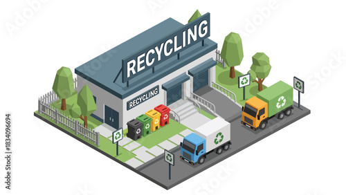 3D View Isometric recycling facility with bin sorting areas, truck, signage, and fenced border, ideal for sustainability, environmental planning, and eco city concepts
