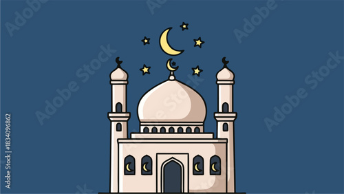 Vector Illustration of a Mosque with Moon and Stars for Ramadan Kareem