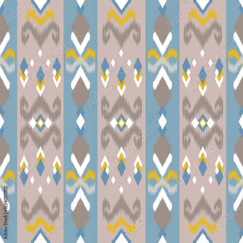 Seamless pastel ikat pattern featuring soft geometric shapes and tribal-inspired motifs. Ideal for textiles, wallpapers, packaging, fabric prints, and stylish creative design projects.