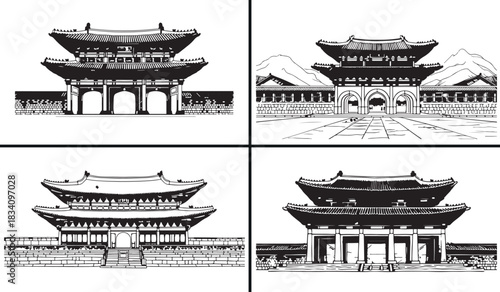 Asian temple illustration, traditional architecture vector, oriental landmark artwork, cultural heritage building design, ancient temple sketch, Asian monument drawing, historic landmark concept, orie