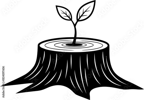 Young plant sprout growing from old tree stump on white background. Nature rebirth and new life concept. Black and white vector illustration