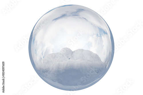 3d glass snow globe podium icon. product display winter concept. minimal cartoon snow globe glass ball podium mockup for product display banner. isolated on white background. 3d render.
