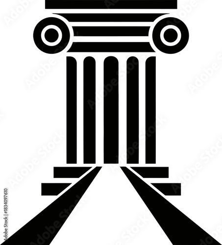 Ancient greek pillar with ionic scroll capital and fluted shaft. Classic architectural element. Black silhouette icon. Vector illustration
