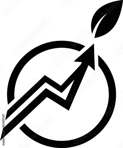 Growing arrow chart with leaf icon in a circle. Sustainable economic growth and eco friendly business development concept. Vector symbol