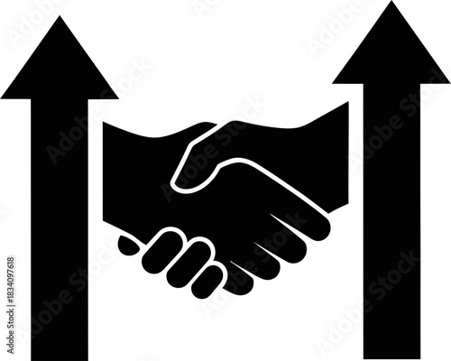 Black handshake icon with two vertical up arrows symbol. Business agreement, partnership, success concept. Vector illustration for web, app, ui, logo design