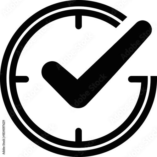 Check mark icon inside a clock symbol. Time management and task completion concept. Vector illustration for business, deadline