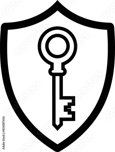 Key inside a shield with outline style. Security and access protection concept. Vector icon illustration for web site, app, infographic, user interface