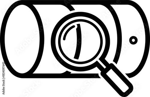 Magnifying glass over a cylinder shape, representing data storage or a search function. Outline vector icon for application interface design
