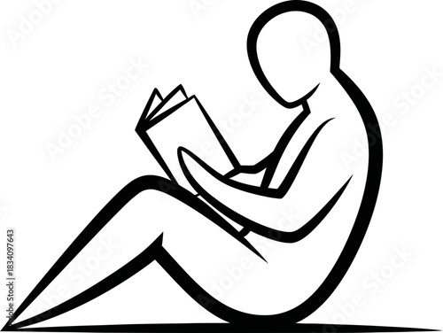 Outline graphic of a person reading a book. Simple symbol for education, learning, student, knowledge. Black and white vector illustration, icon.