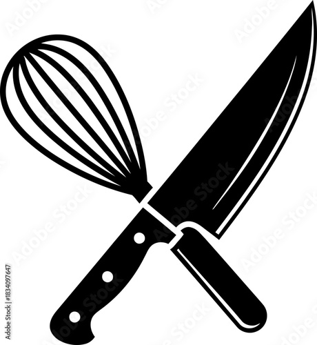 Crossed whisk and chef knife icon in simple flat style. Kitchen utensil symbol. Culinary cooking equipment vector illustration for menu, restaurant, recipe
