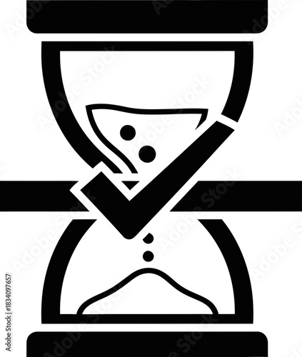 Hourglass with check mark icon. Time management success, completion deadline, sand clock approved process concept. Vector illustration for interface, symbol, timer