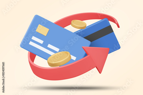 3D vector icon of two credit cards with red cycling arrow and gold coins. Concept for balance transfer, debt refinance, financial swap. Minimalist and clean modern banking business design illustration